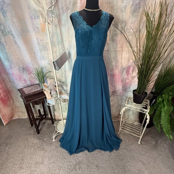 Azazie Dresses & Skirts - 📌Azazie Lace Ink Blue Chiffon Formal - Bridesmaid Dress with Keyhole Backside